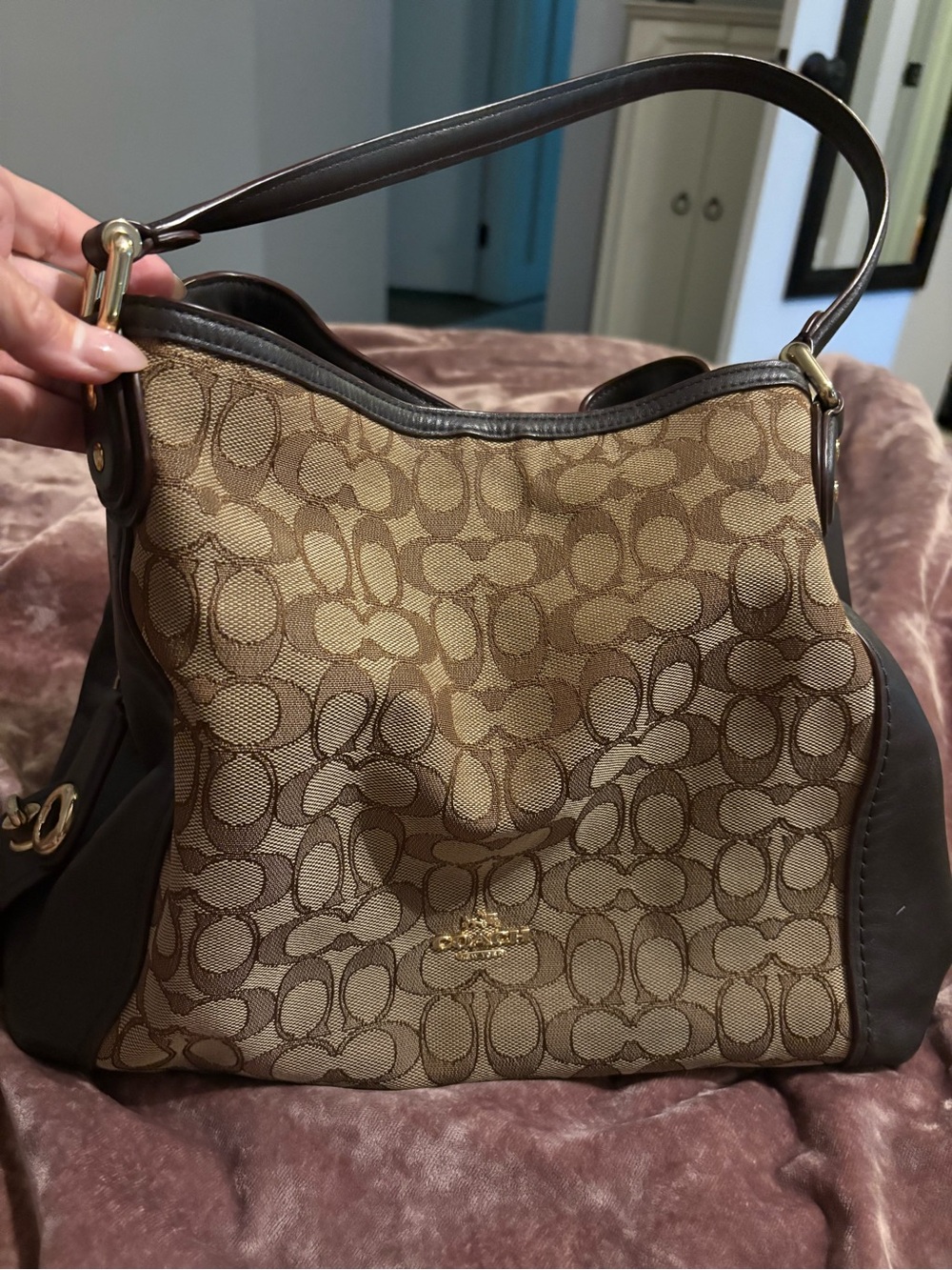 Coach Signature Hobo Shoulder Bag in Brown and Tan